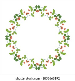 circular floral design with pink flowers and green leaves on white background.