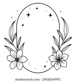 Circular floral frame with central oval space, stars, and botanical elements featuring detailed leaves and five-petal flowers in a symmetrical arrangement