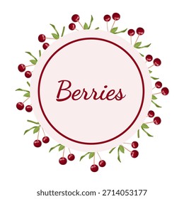 Marco floral circular de ramas de cereza con bayas maduras y hojas verdes. Guirnalda botánica decorativa para invitaciones, empaques, etiquetas, tarjetas de felicitación. Ilustración vectorial.