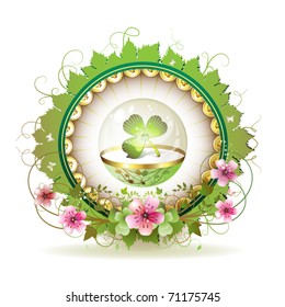 Circular floral frame with clover in glass globe and gold decoration for St. Patrick's Day