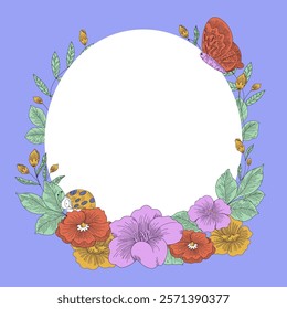 A circular floral frame with colorful flowers, leaves, and a butterfly on a blue background. The center is blank, suitable for text or images.