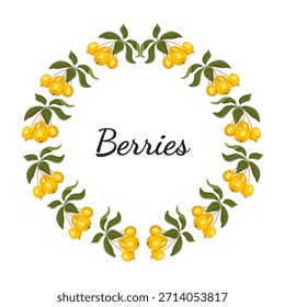 Circular floral frame of crabapple branches with ripe apples and green leaves. Decorative botanical wreath for invitations, packaging, labels, greeting cards. Vector illustration.