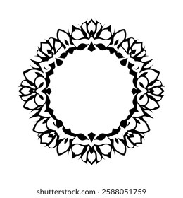 Circular Floral Frame: Elegant Black and White Ornament Design. Perfect for invitations, logos, and decorative projects. Symmetrical pattern, vector graphic, vintage style.