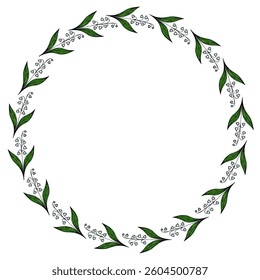 A circular floral frame featuring green leaves and delicate white flowers, creating a natural and elegant border.