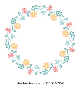 Circular floral frame. Spring botanical wreath with flowers and greenery. Rim blooming wild flowers, vector isolated illustration