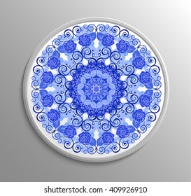 Circular floral lace pattern. Vintage style. Can be used for invitation, menu, card design, for pillow design, banners, signs and others. Blue and white tones.