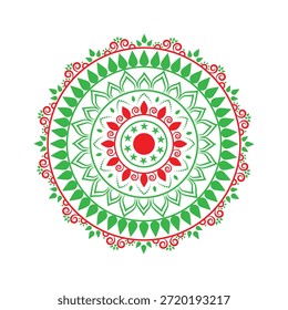 Um desenho circular de mandala floral com alternância de elementos decorativos verdes e vermelhos