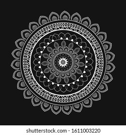 Circular Floral Mandala Pattern in White Line Art on Black Background.
