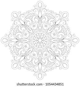 Circular floral monochrome pattern for coloring book, with small openwork elements