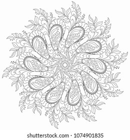 circular floral monochrome pattern for coloring book