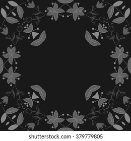 Circular  floral motif, doodles,flowers,branches, leaves, hole,spots. Hand drawn.