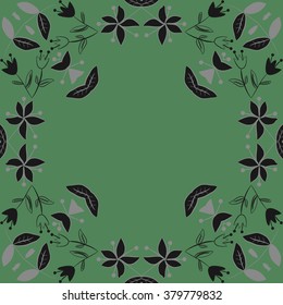 Circular  floral motif, doodles,flowers,branches, leaves, hole,spots. Hand drawn.