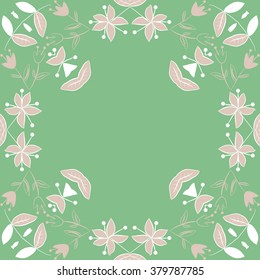 Circular  floral motif, doodles,flowers,branches, leaves, hole,spots. Hand drawn.