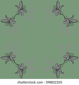 Circular floral motif, doodles,spots,lilly flowers, branch, hole, bud, leaves, copy space. Hand drawn.
