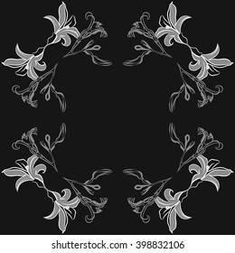 Circular floral motif, doodles,spots,lilly flowers, branch, hole, bud, leaves, copy space. Hand drawn.