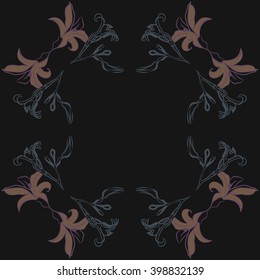Circular floral motif, doodles,spots,lilly flowers, branch, hole, bud, leaves, copy space. Hand drawn.