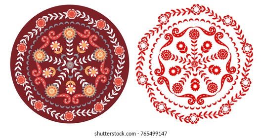 Circular floral ornament. In color and silhouette. Emblem, stamp, logo, mascot. Folk art.