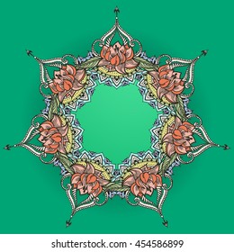 Circular floral ornament with lotuses. Can be used for backgrounds, business style, tattoo templates, cards design, frames or else. Vector illustration in east style.