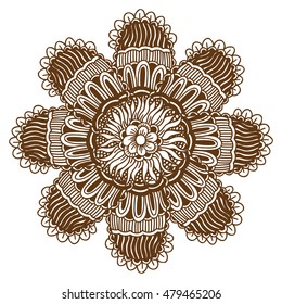 Circular floral ornament Mehndi Henna Tattoo Mandala, Yantra brown. Vintage vector banner frame card for text invitations for wedding birthday celebration, white background indian, ethnic, boho
