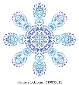 Circular floral ornament Mehndi Henna Tattoo Mandala, Yantra blue. Vintage vector banner frame card. Text invitations wedding birthday celebration, white background indian, ethnic, boho