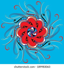 Circular floral ornament with scroll design elements. Isolated vector illustration. Red, deep blue and white outlined in gold. Sky blue background.