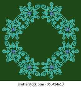 Circular floral  pattern, doodles,leaves,garland,  stylized flower, star,zigzag, hole. Hand drawn.