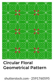Circular floral pattern, geometric design. Green, white, red, floral detail. Seamless texture, ideal for backgrounds and elegant designs