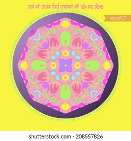 Circular  floral pattern in a gradient   circle. Transparent card with  tulips, pink text  in bright  tones.