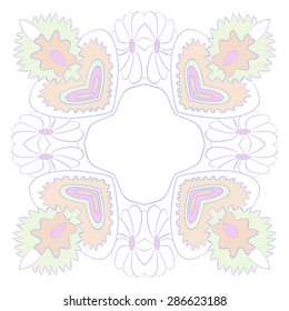 Circular  floral pattern, hole, spots, waves, stripes, flowers, copy space. Hand drawn.