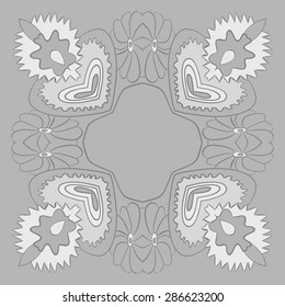 Circular  floral pattern, hole, spots, waves, stripes, flowers, copy space. Hand drawn.