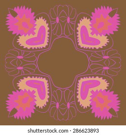 Circular  floral pattern, hole, spots, waves, stripes, flowers, copy space. Hand drawn.