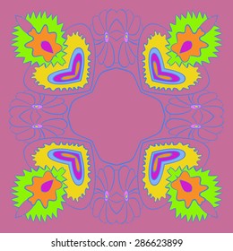 Circular  floral pattern, hole, spots, waves, stripes, flowers, copy space. Hand drawn.