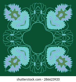 Circular  floral pattern, hole, spots, waves, stripes, flowers, copy space. Hand drawn.