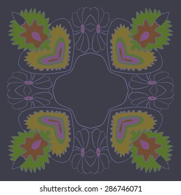 Circular  floral pattern, hole, spots, waves, stripes, flowers, copy space. Hand drawn.