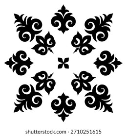 Circular floral roseta vetor ilustração silhueta ornamento conjunto com oito simétricos abstrato folhas motivos e cruz central