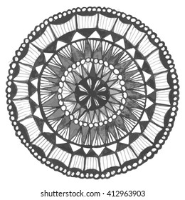 Circular floral striped hand-painted mandala with many fine details.