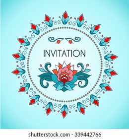 Circular floral vignette.Vector template for printing  invitations,greeting cards and tattoo . Russian motif. A circular border of flowers, leaves , twigs and buds.