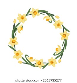 Circular Floral Wreath of Daffodils Isolated on White Background. Spring Clip Art. Vector Design Illustration.	