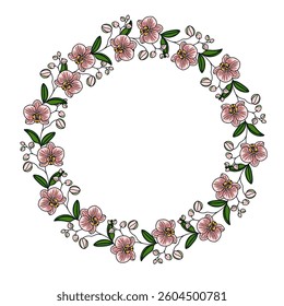 A circular floral wreath design featuring pink flowers and green leaves, with small buds and blossoms. The arrangement is symmetrical and decorative, suitable for invitations or greeting cards.