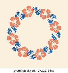Kreisförmiger Blumenkranzrahmen aus Korallenhibiskusblumen und blauen Palmenblättern auf hellbeigem Hintergrund. Perfekt für tropische Einladungen, Sommerkarten, Strandveranstaltungen und Verpackungen.