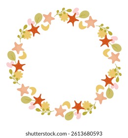Circular floral Wreath with leaves and stars. Drawing of round frame for childish greeting cards, wedding invitations. Botanical Wreath for cards, designs, invitations, logos