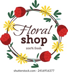 Circular floral wreath with red and yellow flowers, leaf accents. Elegant design for a floral shop logo with stylish typography. Fresh flower emblem vector illustration.
