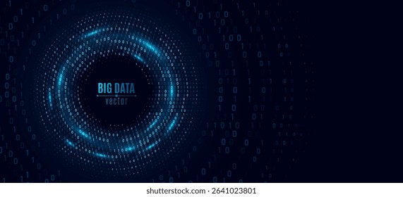 Circular flow of glowing binary code forming a digital vortex. Big data visualization in cyberspace. Technology network background. AI programming machine. Vector illustration.