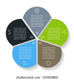 Circular flower infographic design template. Connected round banner with 5 options. Number banners template for diagram, graph, presentation or chart. Business concept sequence banners. EPS10 layout.