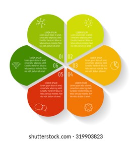 Circular flower infographic design template. Connected round banner with 6 options. Number banners template for diagram, graph, presentation or chart. Business concept sequence banners. EPS10 layout.