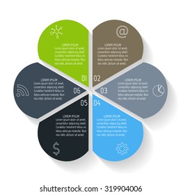 Circular flower infographic design template. Connected round banner with 6 options. Number banners template for diagram, graph, presentation or chart. Business concept sequence banners. EPS10 layout.