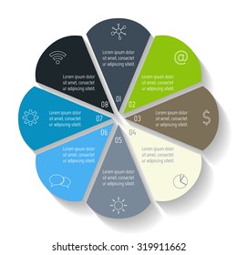 Circular flower infographic design template. Connected round banner with 8 options. Number banners template for diagram, graph, presentation or chart. Business concept sequence banners. EPS10 layout.