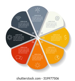 Circular flower infographic design template. Connected round banner with 8 options. Number banners template for diagram, graph, presentation or chart. Business concept sequence banners. EPS10 layout.