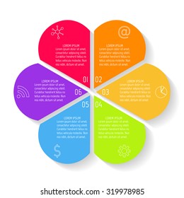 Circular flower infographic design template. Connected round banner with 6 options. Number banners template for diagram, graph, presentation or chart. Business concept sequence banners. EPS10 layout.