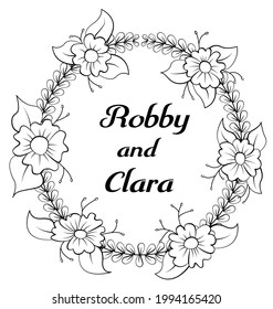 circular flower and leaf vector design, with black outline design